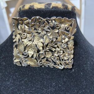 Upcycled MUSI Brooch, Gold Tone With Flowers and Leaves
